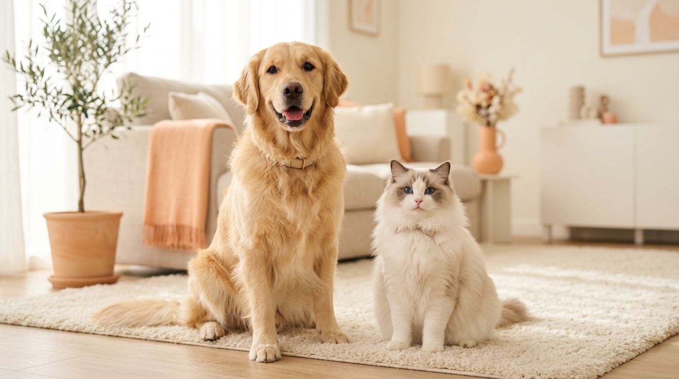 Pampered golden retriever and cute ragdoll cat receiving gentle care